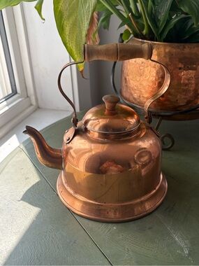 Vintage Copper Teakettle with Wood Handle - Copper